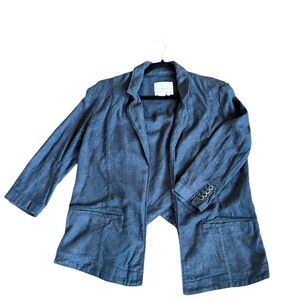 Anthropologie Linen blend Blue blazer Cardigan open frond split back size 4